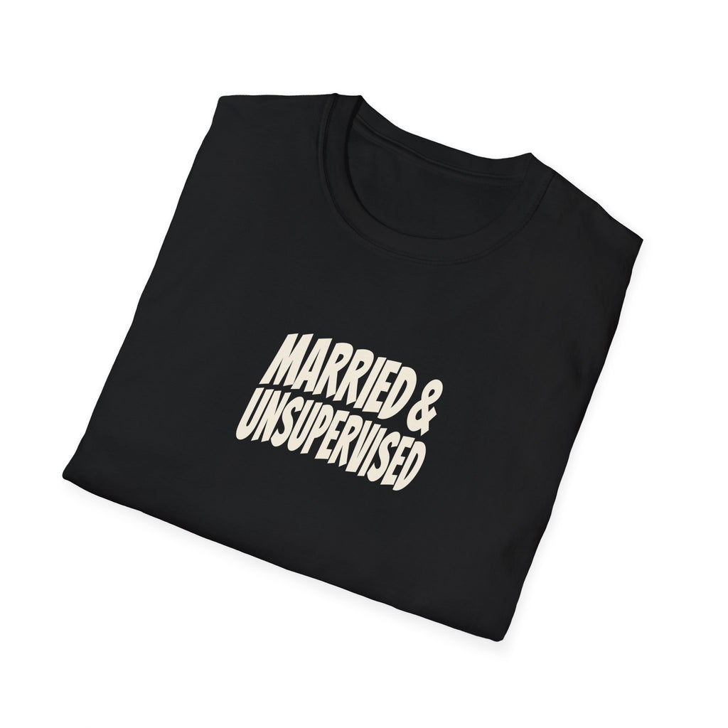 "Married & Unsupervised" funny couples graphic on a Gildan Softstyle unisex tee - Couples Therapy Apparel (view 7)