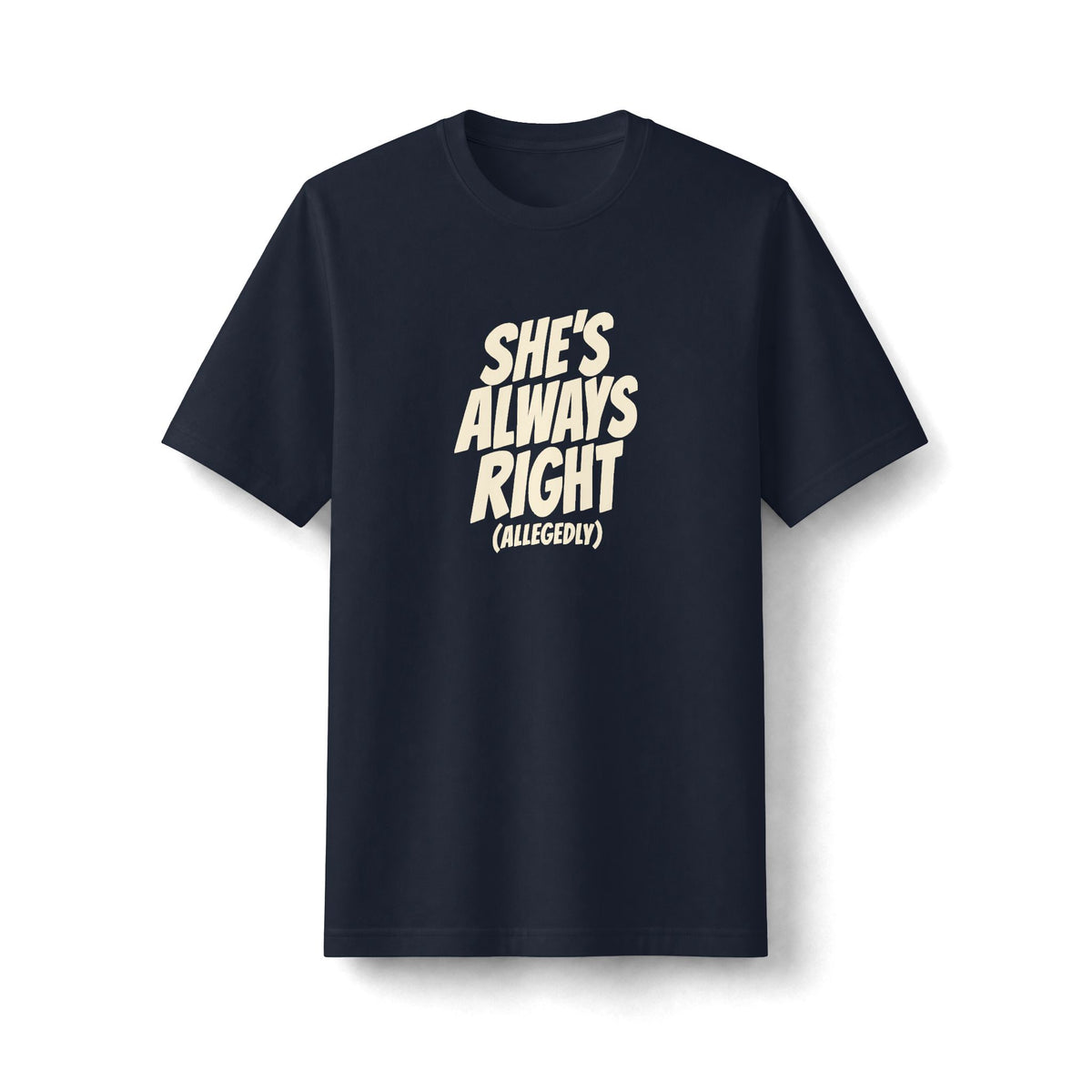 "She's Always Right (Allegedly)" funny couples graphic on a black Next Level heavyweight oversized tee - Couples Therapy Apparel (view 3)