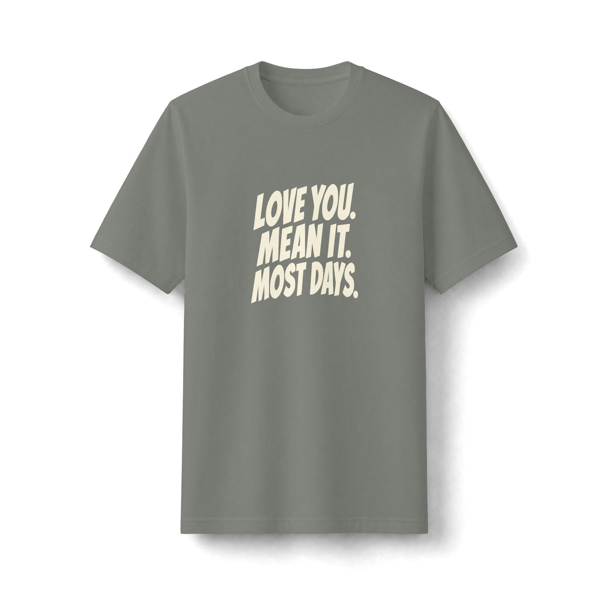 "Love You. Mean It. Most Days." funny couples graphic on a black Next Level heavyweight oversized tee - Couples Therapy Apparel (view 2)