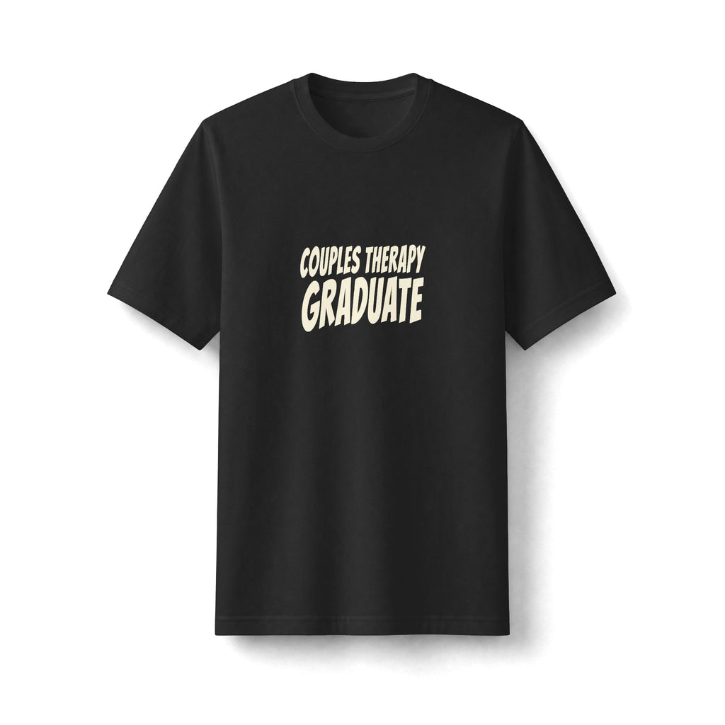 "Couples Therapy Graduate" funny couples graphic on a black Next Level heavyweight oversized tee - Couples Therapy Apparel