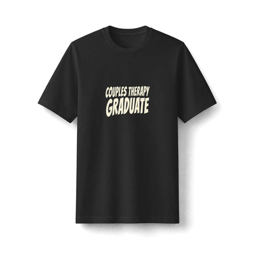 "Couples Therapy Graduate" funny couples graphic on a black Next Level heavyweight oversized tee - Couples Therapy Apparel