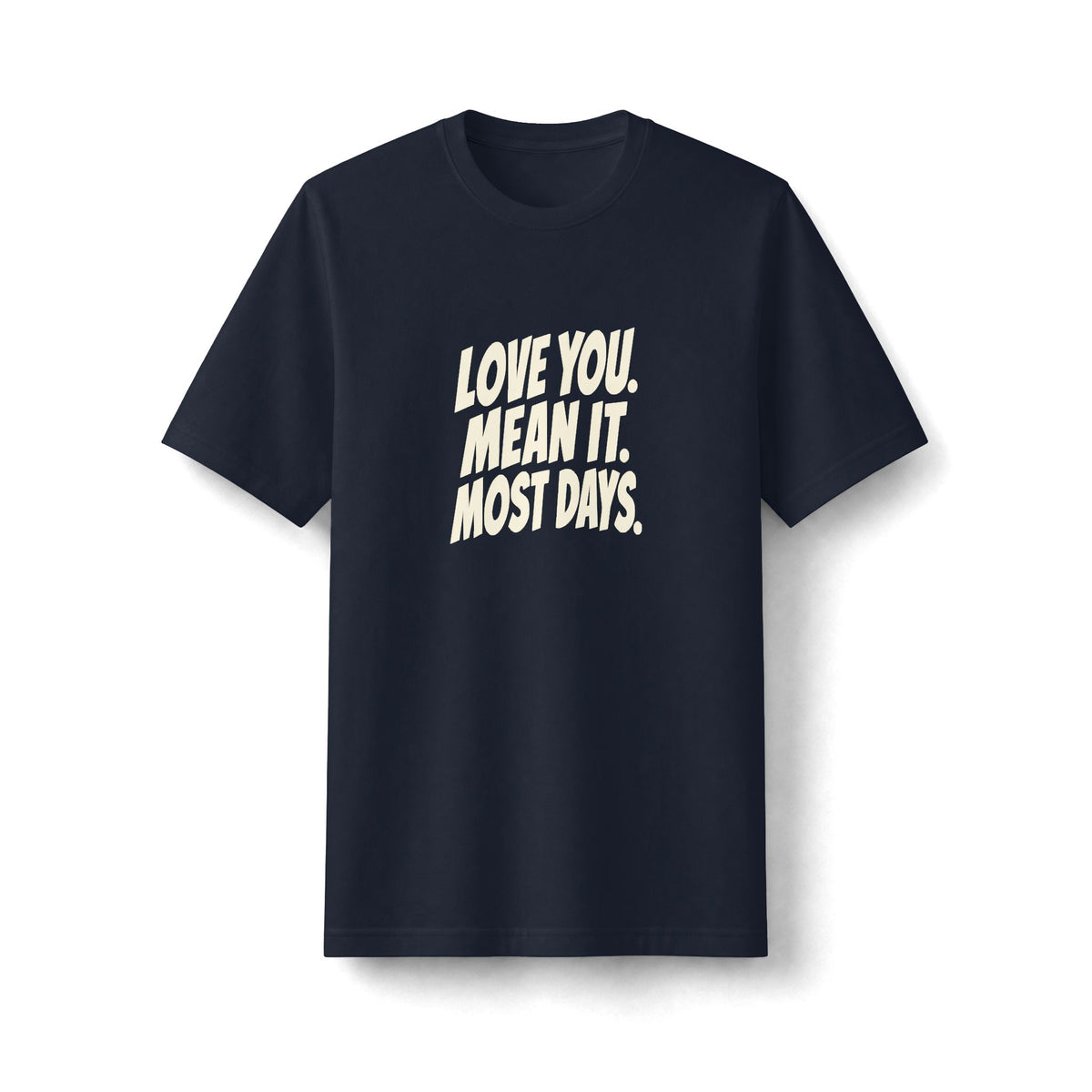"Love You. Mean It. Most Days." funny couples graphic on a black Next Level heavyweight oversized tee - Couples Therapy Apparel (view 3)