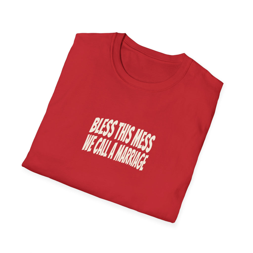 "Bless This Mess We Call a Marriage" funny couples graphic on a Gildan Softstyle unisex tee - Couples Therapy Apparel (view 16)