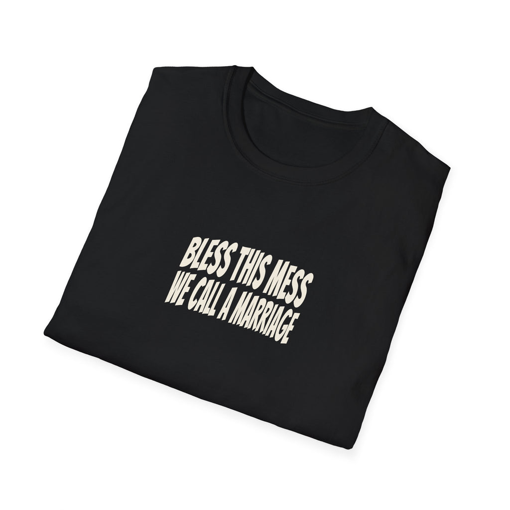 "Bless This Mess We Call a Marriage" funny couples graphic on a Gildan Softstyle unisex tee - Couples Therapy Apparel (view 7)