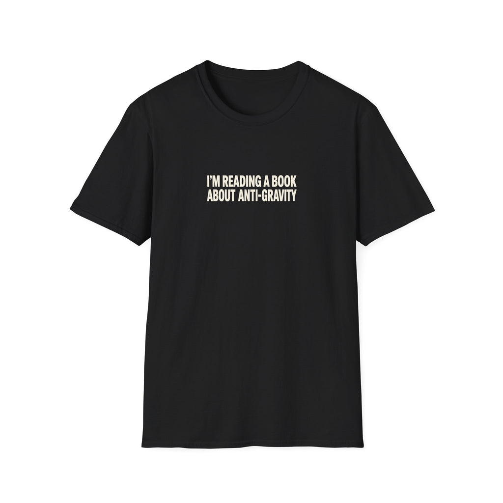 "Anti-Gravity Book" funny couples graphic on a Gildan Softstyle unisex tee - Couples Therapy Apparel