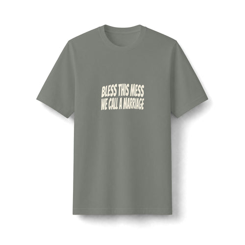 "Bless This Mess We Call a Marriage" funny couples graphic on a black Next Level heavyweight oversized tee - Couples Therapy Apparel (view 2)