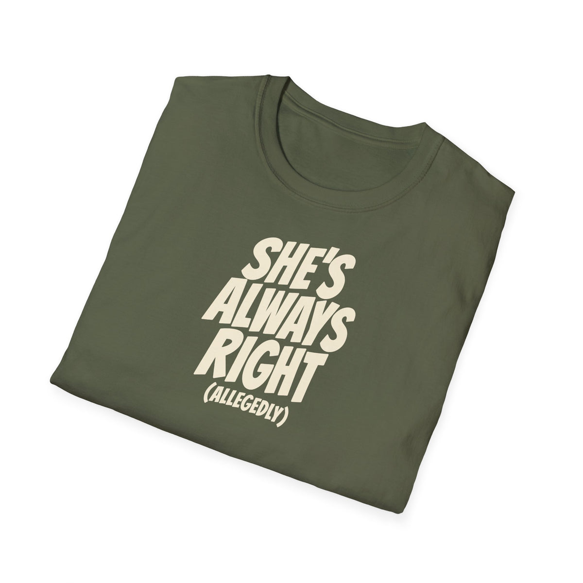 "She's Always Right (Allegedly)" funny couples graphic on a Gildan Softstyle unisex tee - Couples Therapy Apparel (view 10)