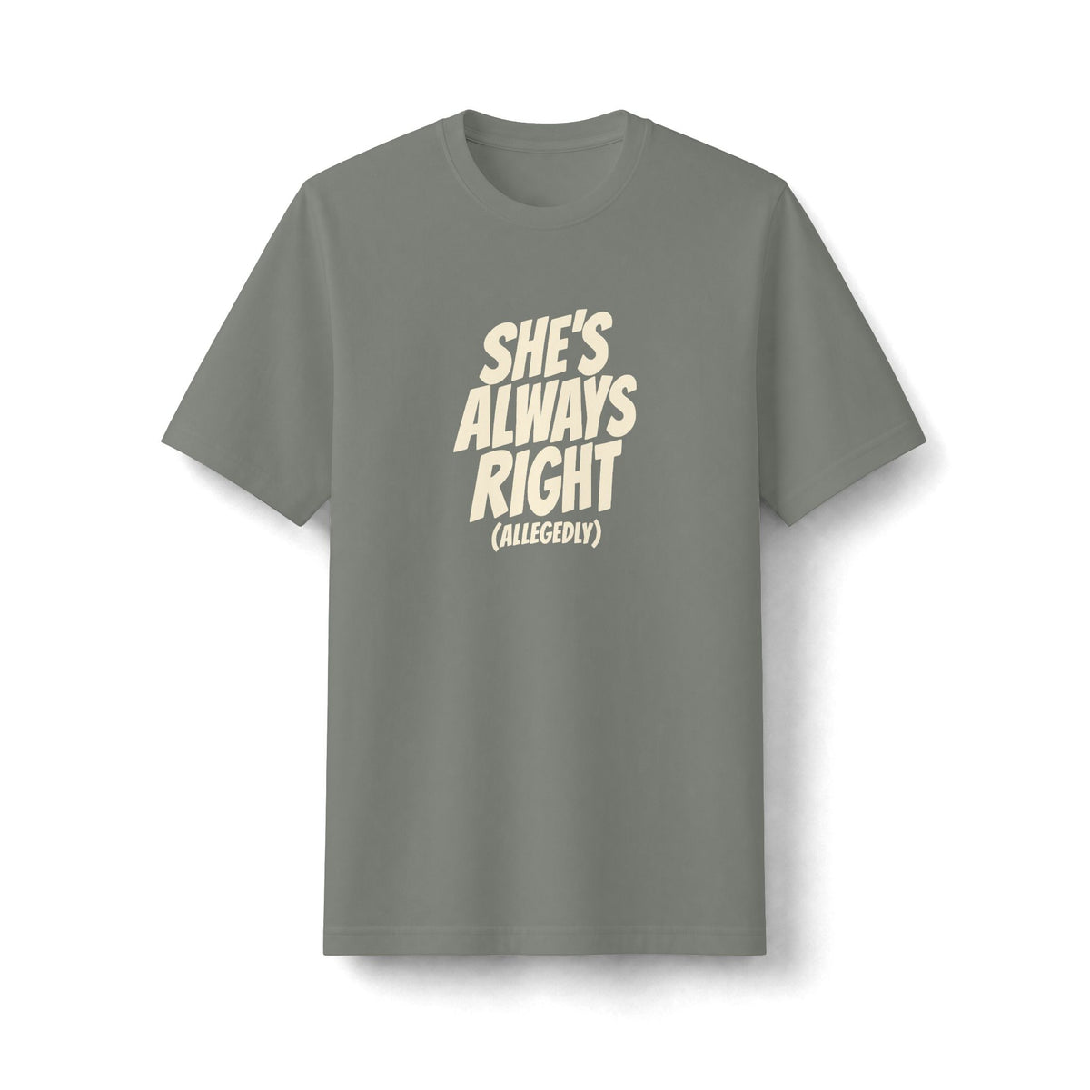 "She's Always Right (Allegedly)" funny couples graphic on a black Next Level heavyweight oversized tee - Couples Therapy Apparel (view 2)