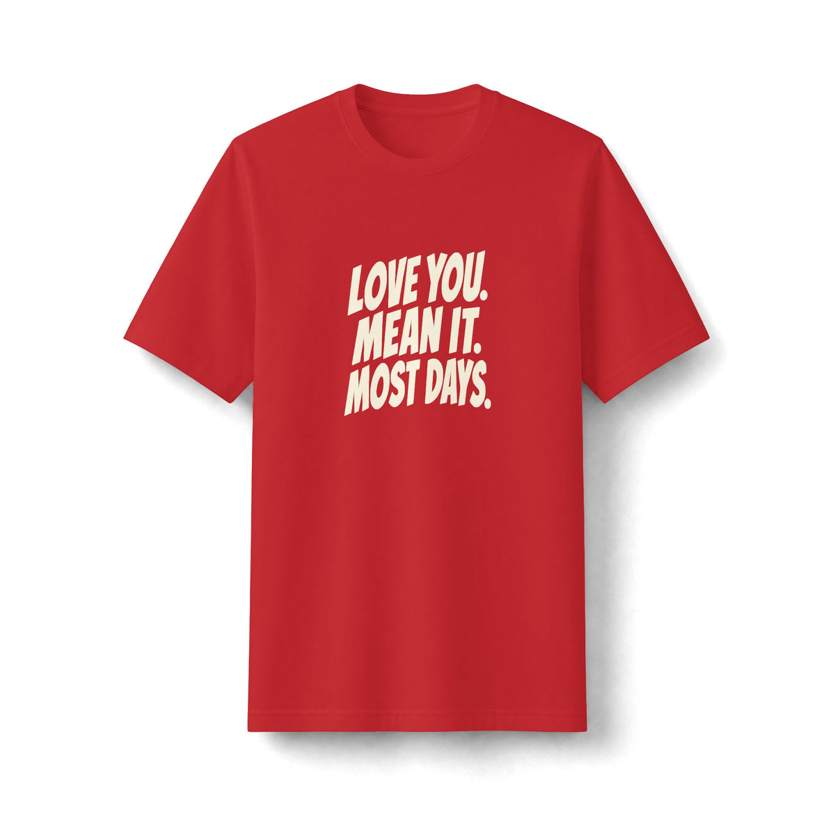 "Love You. Mean It. Most Days." funny couples graphic on a black Next Level heavyweight oversized tee - Couples Therapy Apparel (view 4)