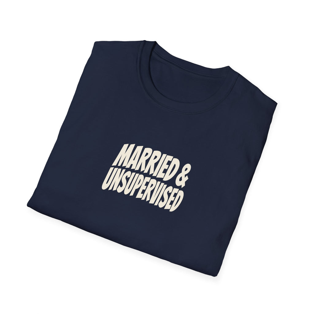 "Married & Unsupervised" funny couples graphic on a Gildan Softstyle unisex tee - Couples Therapy Apparel (view 13)