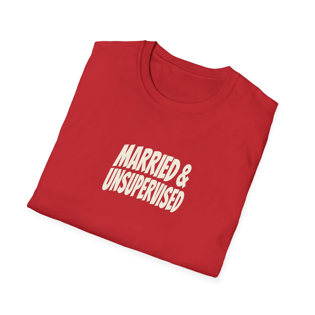 "Married & Unsupervised" funny couples graphic on a Gildan Softstyle unisex tee - Couples Therapy Apparel (view 16)