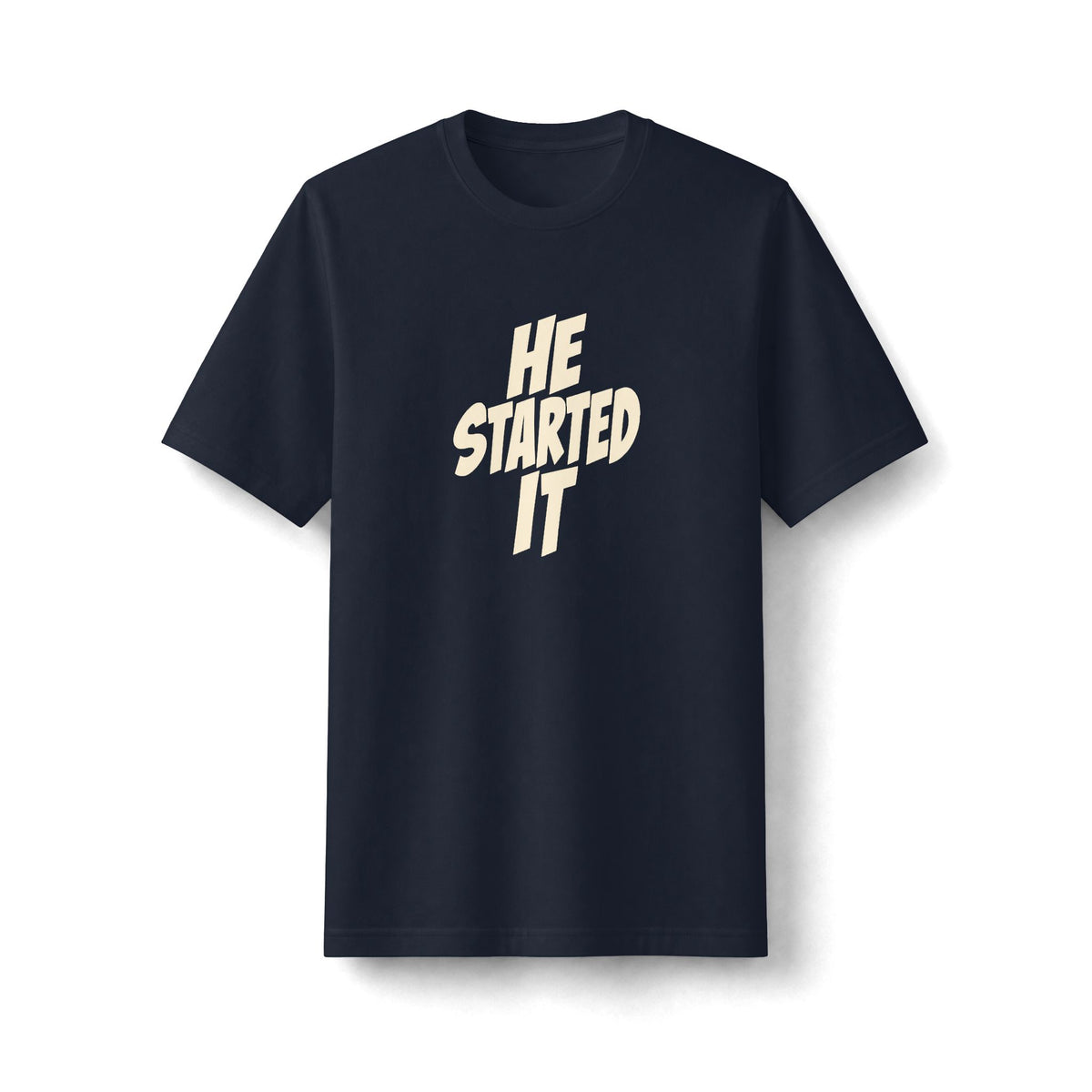 "He Started It" funny couples graphic on a black Next Level heavyweight oversized tee - Couples Therapy Apparel (view 3)