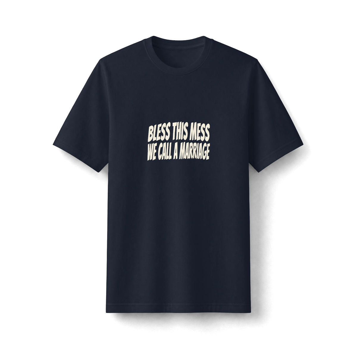 "Bless This Mess We Call a Marriage" funny couples graphic on a black Next Level heavyweight oversized tee - Couples Therapy Apparel (view 3)