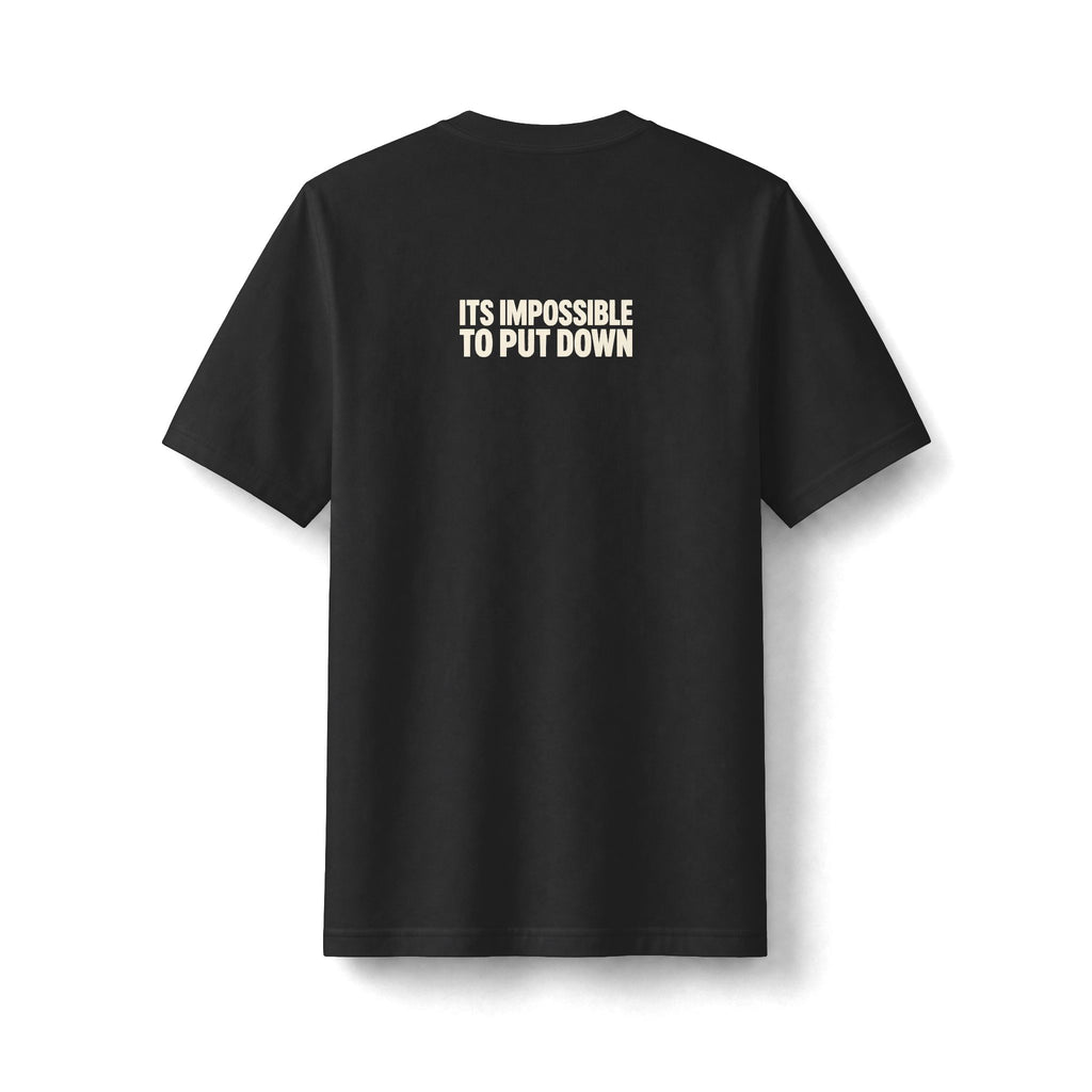 "Anti-Gravity Book" funny couples graphic on a black Next Level heavyweight oversized tee - Couples Therapy Apparel (view 5)
