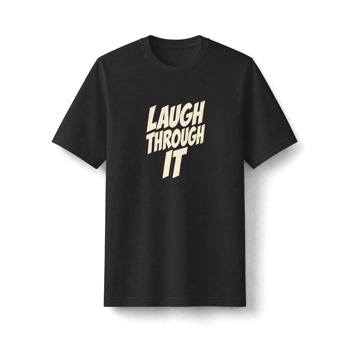 "Laugh Through It" funny couples graphic on a black Next Level heavyweight oversized tee - Couples Therapy Apparel
