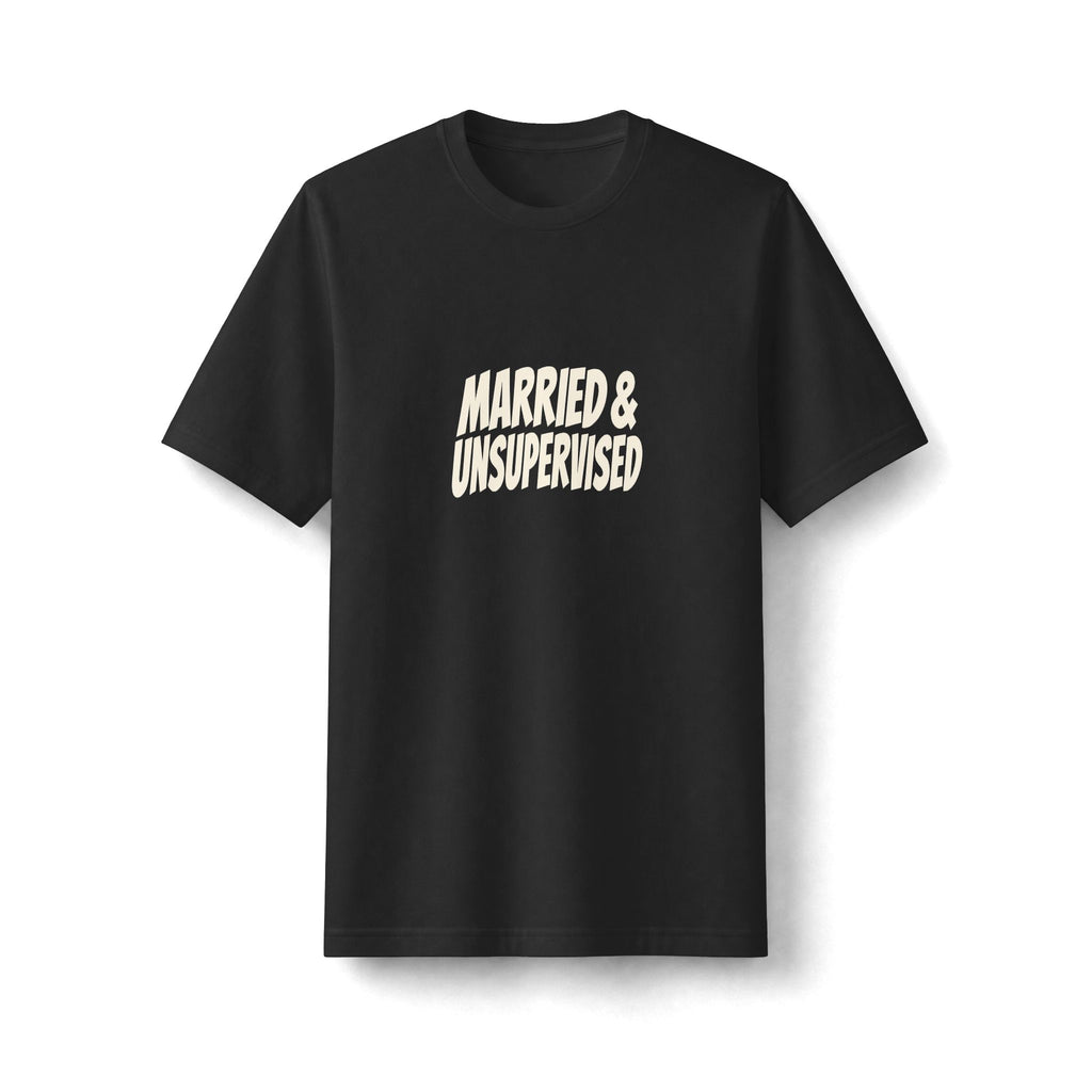 "Married & Unsupervised" funny couples graphic on a black Next Level heavyweight oversized tee - Couples Therapy Apparel