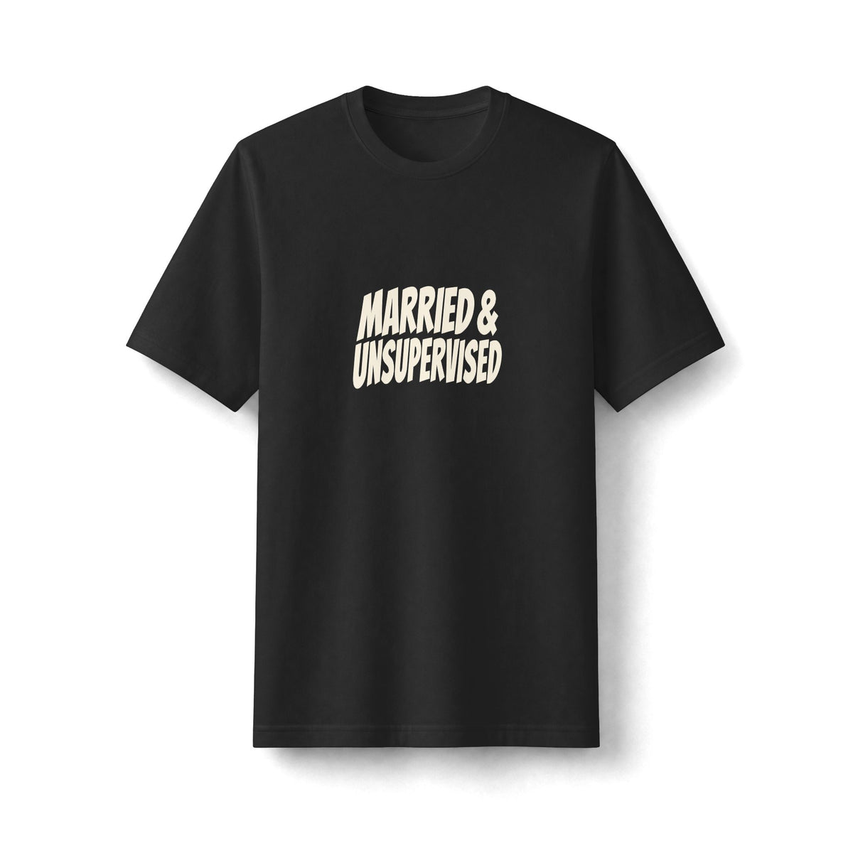 "Married & Unsupervised" funny couples graphic on a black Next Level heavyweight oversized tee - Couples Therapy Apparel